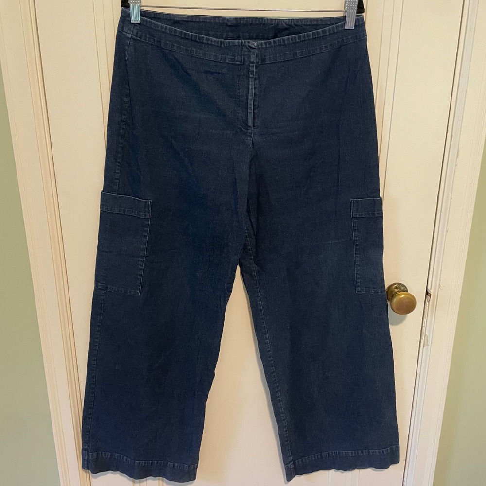 Eileen Fisher Pull On Cargo Pants Dark Wash Blue Jeans Large
